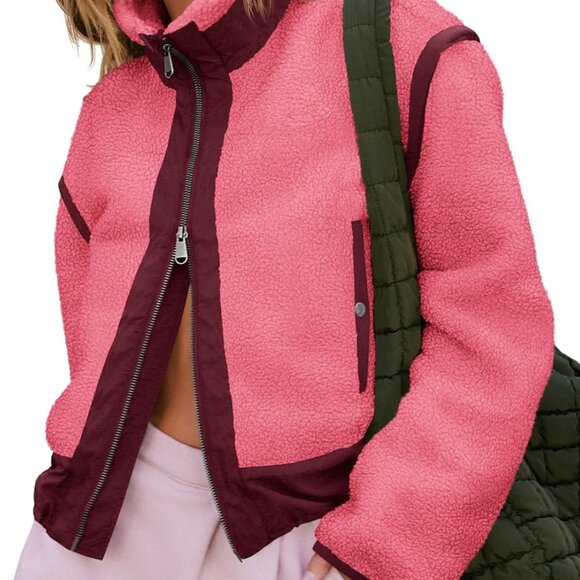 Womens Cropped Zip Up Fleece Jacket Stand Collar Fuzzy Sherpa Coat Winter Color